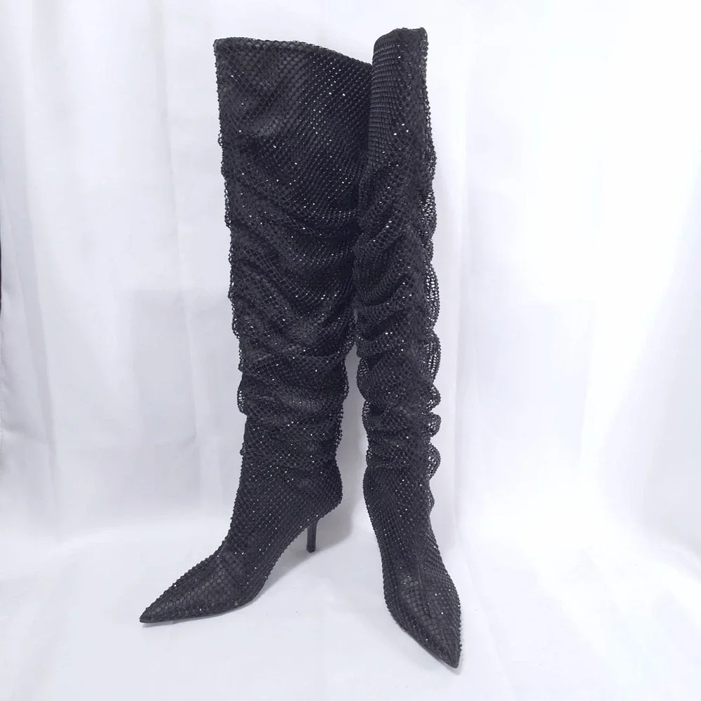 Madden Girl Sashaa Slouchy Over Knee Boot‎ Sz 6.5 Rhinestones Stilettos Fishnet